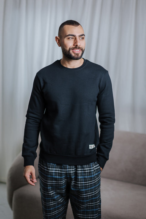 Men Winter Pajama Set Black T-shirt + Black x Gray Checkered pants